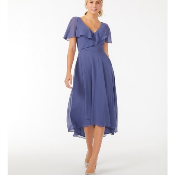 Mori Lee bridesmaid dress. Midi Flutter Sleeve Chiffon Dress - STYLE #21704 - Picture 2 of 16